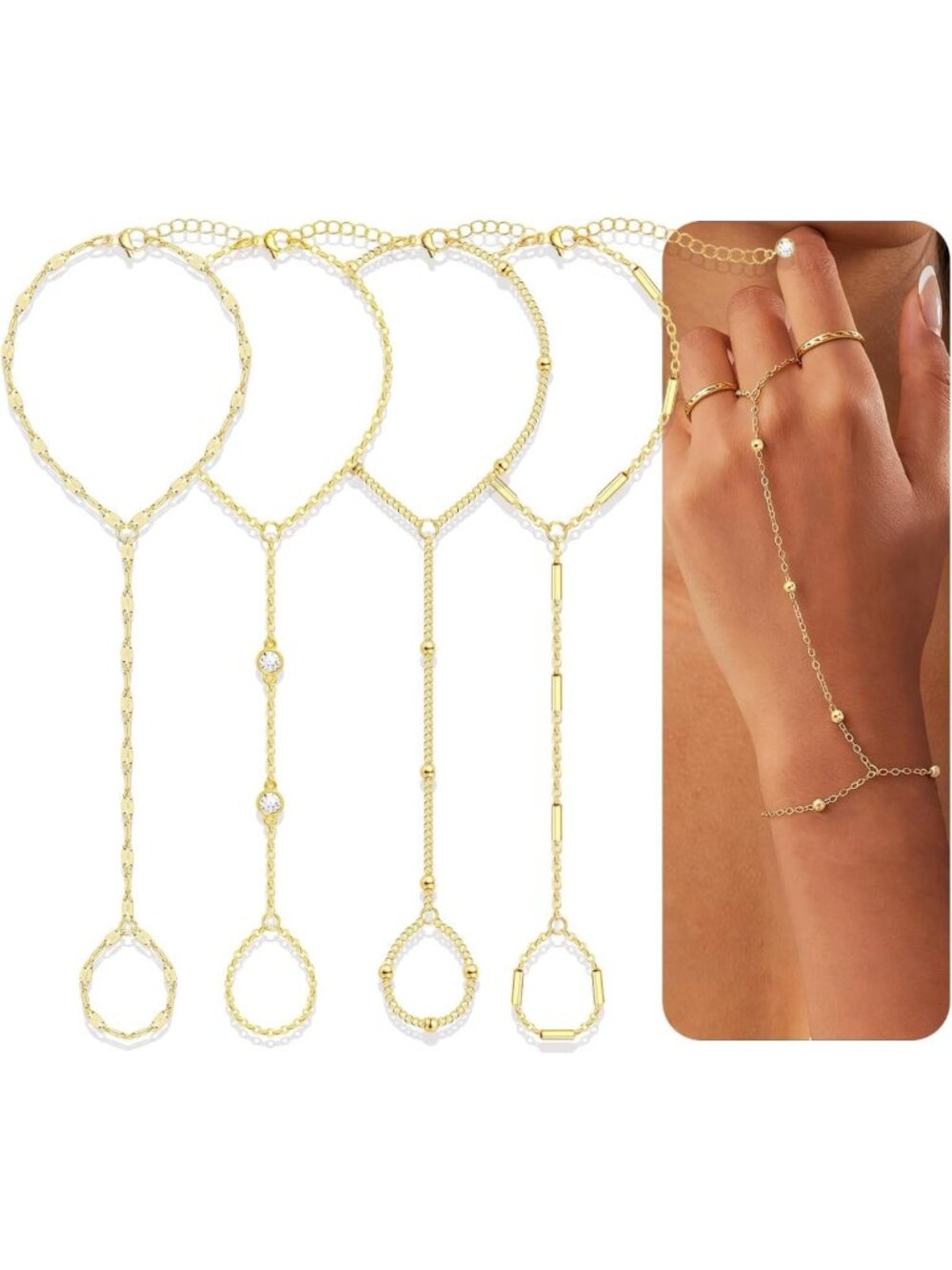 Dainty Gold Hand Chain Bracelets Set - Stackable 14K Plated Ring & CZ Jewelry